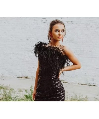 Feather Sequins Prom Dress One Shoulder Formal Dress Mermaid Evening Gown SY89 Hot Pink $34.50 Dresses