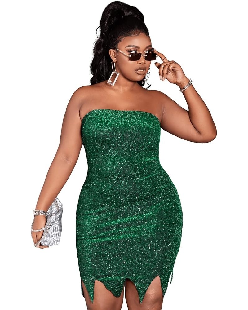 Women's Plus Size Glitter Strapless Asymmetrical Hem Tube Bodycon Dress Green $18.80 Dresses