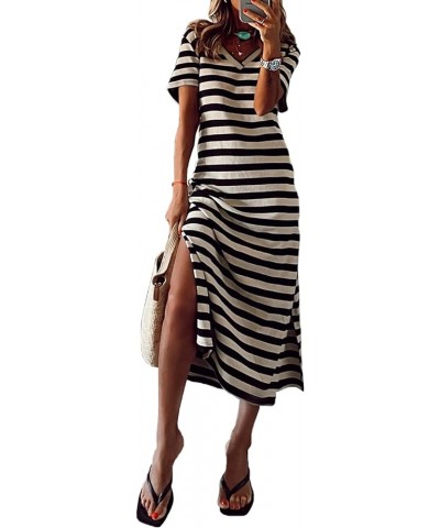 Women 2024 Casual Maxi Dress Short Sleeve V Neck Stripe Sundress Split Loose Long Summer Beach T Shirt Dresses Black $10.11 D...