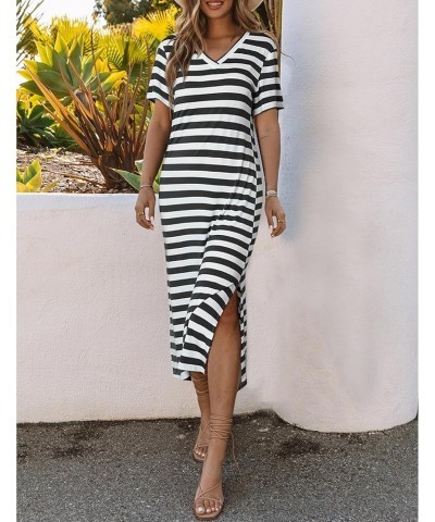 Women 2024 Casual Maxi Dress Short Sleeve V Neck Stripe Sundress Split Loose Long Summer Beach T Shirt Dresses Black $10.11 D...