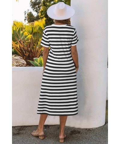 Women 2024 Casual Maxi Dress Short Sleeve V Neck Stripe Sundress Split Loose Long Summer Beach T Shirt Dresses Black $10.11 D...