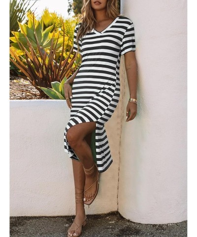 Women 2024 Casual Maxi Dress Short Sleeve V Neck Stripe Sundress Split Loose Long Summer Beach T Shirt Dresses Black $10.11 D...