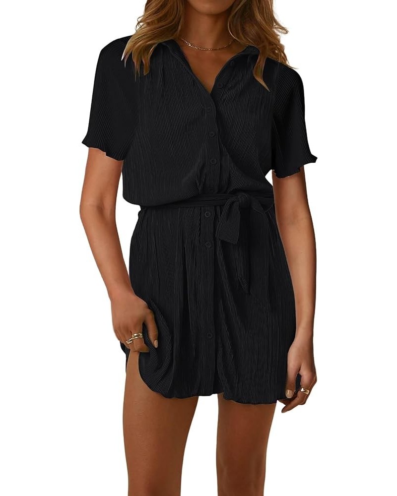 Women's Collar V Neck Button Down Pleated Short Sleeve Mini Shirt Dress with Belt Black $22.94 Dresses