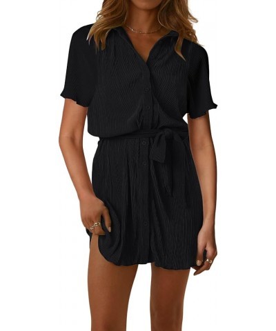 Women's Collar V Neck Button Down Pleated Short Sleeve Mini Shirt Dress with Belt Black $22.94 Dresses