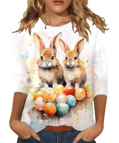 Womens Loose Easter Top 3/4 Sleeve Casual Crew Neck Shirts Cute Bunny Rabbit T-Shirt Print Graphic Pullover Blouse B-white $7...