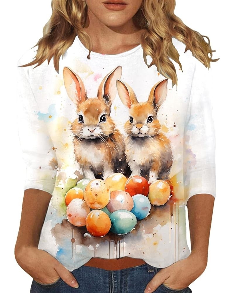 Womens Loose Easter Top 3/4 Sleeve Casual Crew Neck Shirts Cute Bunny Rabbit T-Shirt Print Graphic Pullover Blouse B-white $7...