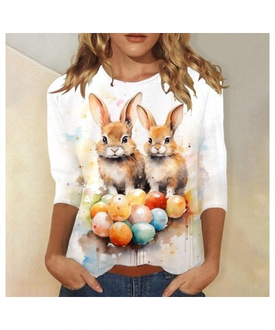 Womens Loose Easter Top 3/4 Sleeve Casual Crew Neck Shirts Cute Bunny Rabbit T-Shirt Print Graphic Pullover Blouse B-white $7...