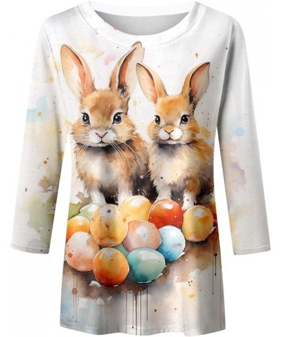 Womens Loose Easter Top 3/4 Sleeve Casual Crew Neck Shirts Cute Bunny Rabbit T-Shirt Print Graphic Pullover Blouse B-white $7...