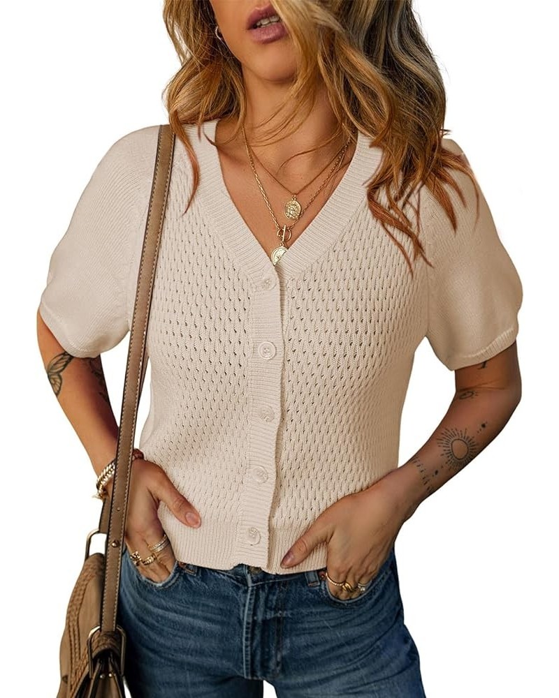 Womens Summer Tops 2024 Trendy V Neck Hollow Out Cropped Button Down Shirts Puff Sleeves Blouses Beige $15.59 Sweaters