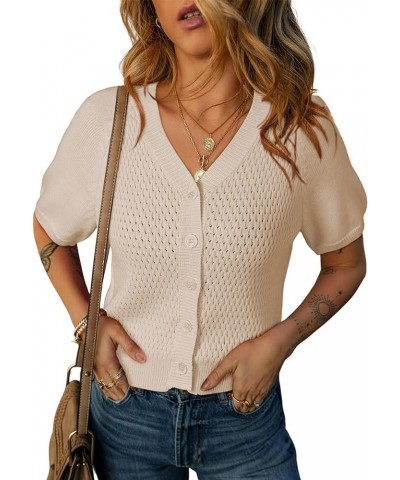 Womens Summer Tops 2024 Trendy V Neck Hollow Out Cropped Button Down Shirts Puff Sleeves Blouses Beige $15.59 Sweaters