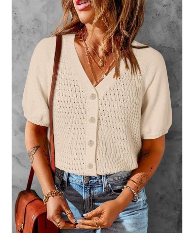 Womens Summer Tops 2024 Trendy V Neck Hollow Out Cropped Button Down Shirts Puff Sleeves Blouses Beige $15.59 Sweaters