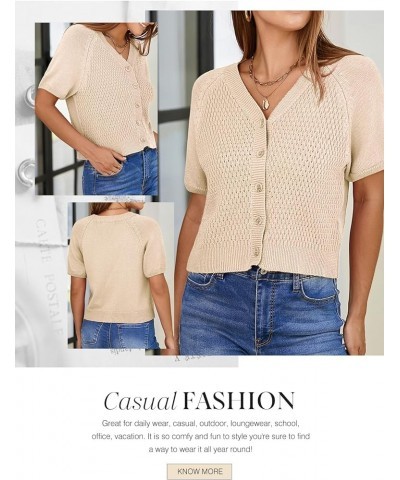 Womens Summer Tops 2024 Trendy V Neck Hollow Out Cropped Button Down Shirts Puff Sleeves Blouses Beige $15.59 Sweaters