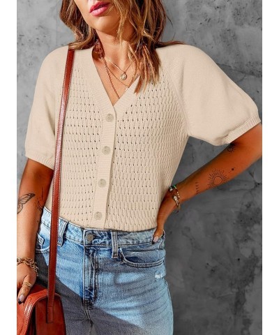 Womens Summer Tops 2024 Trendy V Neck Hollow Out Cropped Button Down Shirts Puff Sleeves Blouses Beige $15.59 Sweaters