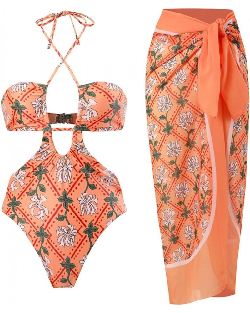 Women's One Piece Swimsuit with Cover up Beach Skirt Sarong Two Piece Floral Printed Monokini Swimsuit Bathing Suit Orange - ...