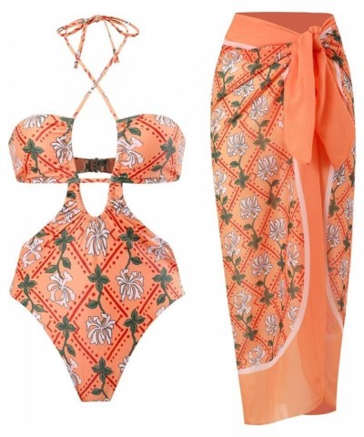 Women's One Piece Swimsuit with Cover up Beach Skirt Sarong Two Piece Floral Printed Monokini Swimsuit Bathing Suit Orange - ...