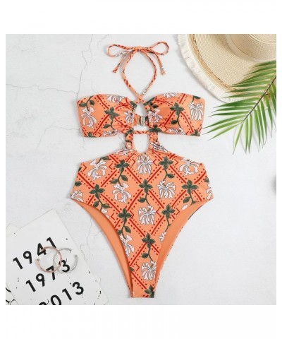 Women's One Piece Swimsuit with Cover up Beach Skirt Sarong Two Piece Floral Printed Monokini Swimsuit Bathing Suit Orange - ...