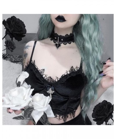 Women's Black Mall Goth Crop Top Gothic Skull Punk Lace Cami Clubwear Sexy Tank Tops Ruffles Backless Vest Black Gothic Tops ...