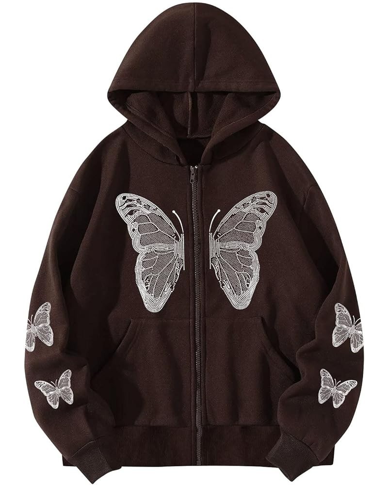 Women's Y2K Zip Up Hoodie Sweatshirts Butterfly Graphic Grunge Hoodie Jacket Oversized Vintage Hooded Jacket Sweater Coffee $...