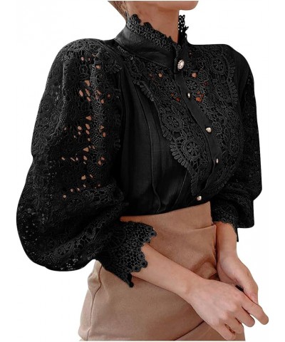 Women's Vintage Lace Floral Shirts Casual Elegant Turtleneck Blouses Hollow Out Flower Petal Sleeve Button Up Tops Black $8.9...