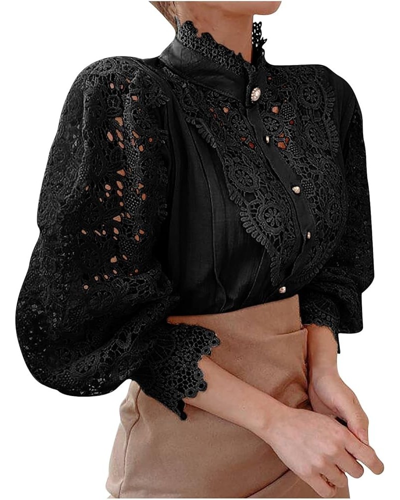 Women's Vintage Lace Floral Shirts Casual Elegant Turtleneck Blouses Hollow Out Flower Petal Sleeve Button Up Tops Black $8.9...