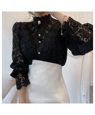 Women's Vintage Lace Floral Shirts Casual Elegant Turtleneck Blouses Hollow Out Flower Petal Sleeve Button Up Tops Black $8.9...