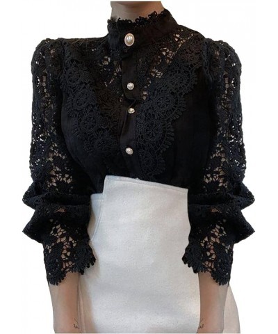 Women's Vintage Lace Floral Shirts Casual Elegant Turtleneck Blouses Hollow Out Flower Petal Sleeve Button Up Tops Black $8.9...