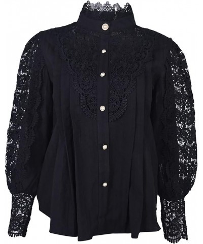 Women's Vintage Lace Floral Shirts Casual Elegant Turtleneck Blouses Hollow Out Flower Petal Sleeve Button Up Tops Black $8.9...