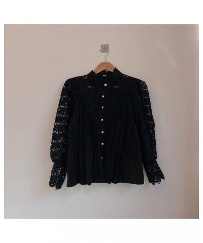 Women's Vintage Lace Floral Shirts Casual Elegant Turtleneck Blouses Hollow Out Flower Petal Sleeve Button Up Tops Black $8.9...