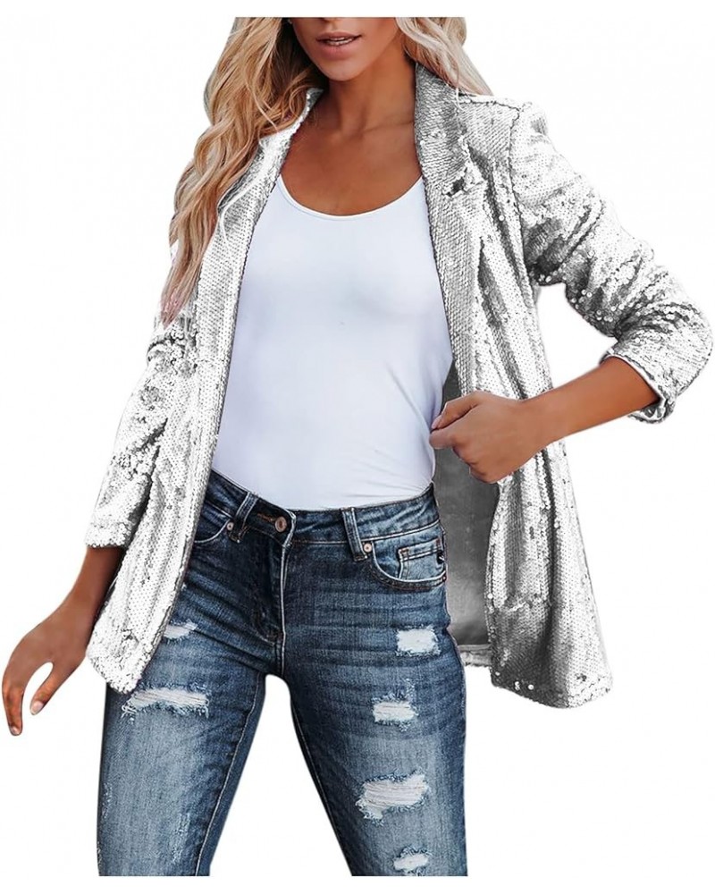 Women's Sparkle Sequins Open Front Long Sleeve Blazer Evening Jacket Lapel Solid Color Sequined Temperament Small Blazer Silv...