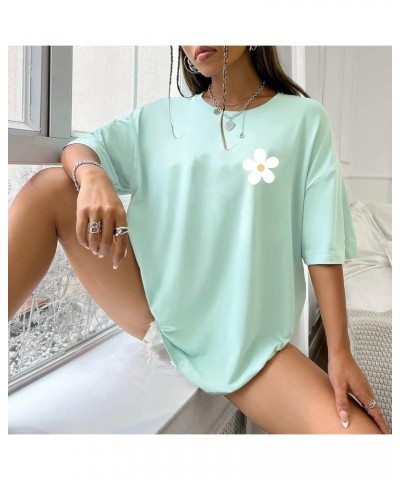 Women's Aesthetic Y2K Oversize Tee Shirt Top Floral Slogan Letter Graphic Drop Shoulder Short Sleeve Tshirt Mint Green $10.59...