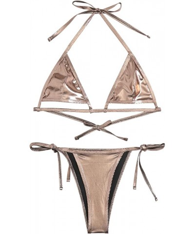 Women's Metallic Bikini Set Cut Out String Swimsuit Micro Triangle High Cut Thong Bathing Suit Champagne $8.69 Swimsuits