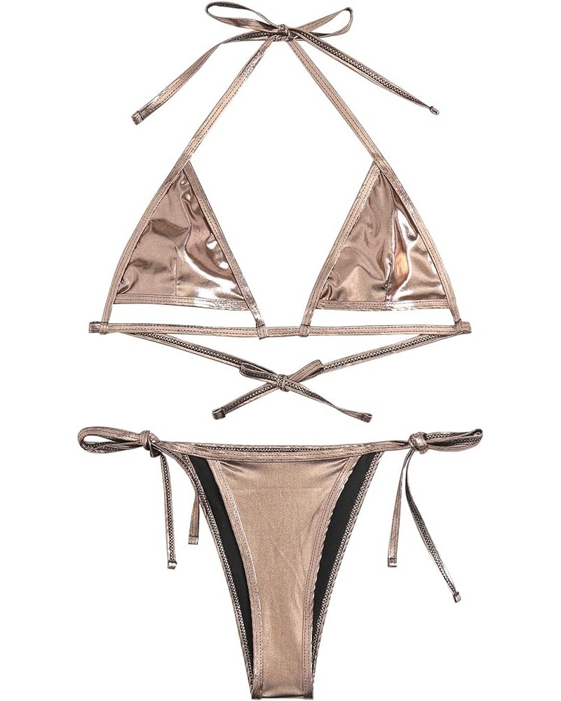 Women's Metallic Bikini Set Cut Out String Swimsuit Micro Triangle High Cut Thong Bathing Suit Champagne $8.69 Swimsuits