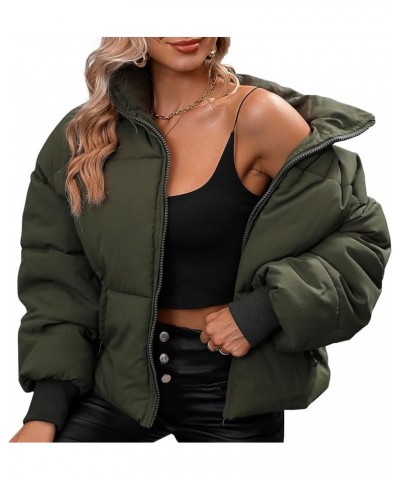 Winter Puffer Jacket Women Cropped Baggy Down Coats Long Sleeves Zip Puffy Jackets Green $22.94 Jackets