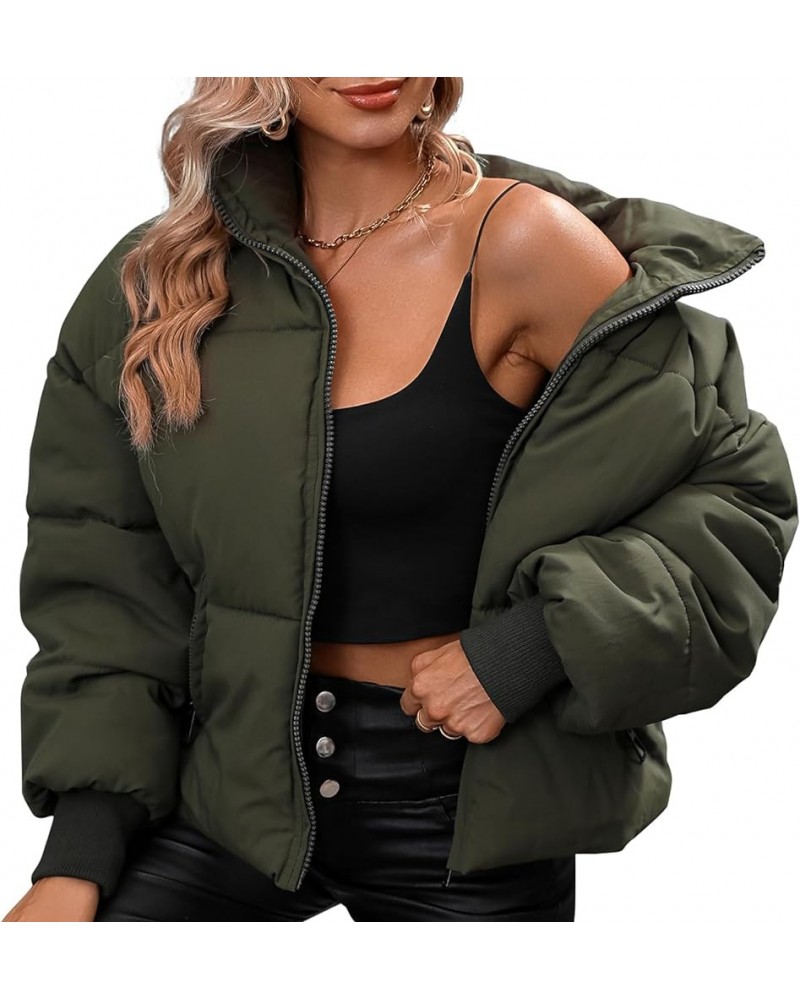 Winter Puffer Jacket Women Cropped Baggy Down Coats Long Sleeves Zip Puffy Jackets Green $22.94 Jackets