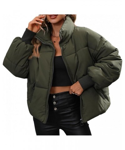 Winter Puffer Jacket Women Cropped Baggy Down Coats Long Sleeves Zip Puffy Jackets Green $22.94 Jackets