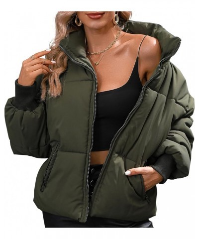 Winter Puffer Jacket Women Cropped Baggy Down Coats Long Sleeves Zip Puffy Jackets Green $22.94 Jackets