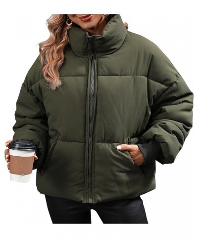 Winter Puffer Jacket Women Cropped Baggy Down Coats Long Sleeves Zip Puffy Jackets Green $22.94 Jackets