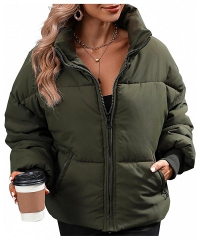 Winter Puffer Jacket Women Cropped Baggy Down Coats Long Sleeves Zip Puffy Jackets Green $22.94 Jackets