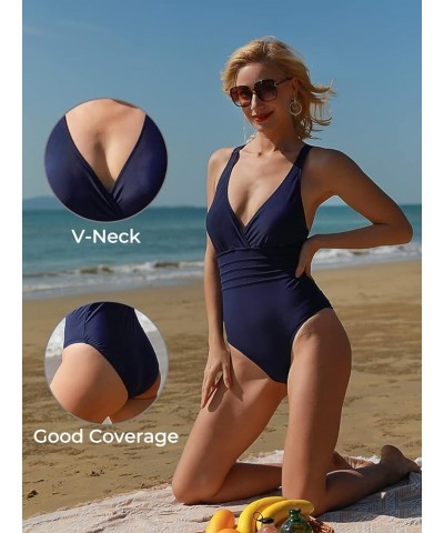 Women's V-Neck One Piece Swimsuit Tummy Control Swimwear Cross Back Bathing Suit Blue $17.50 Swimsuits