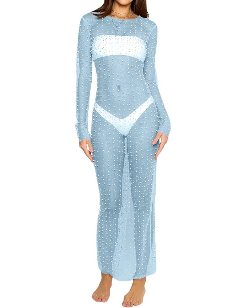 Women Bikini Cover Long Sleeve Dress with Pearl Decoration See Through Sheer Mesh Maxi Dress Bathing Suit Blue $14.74 Swimsuits