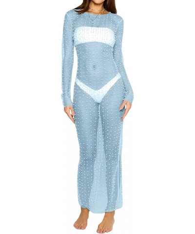 Women Bikini Cover Long Sleeve Dress with Pearl Decoration See Through Sheer Mesh Maxi Dress Bathing Suit Blue $14.74 Swimsuits