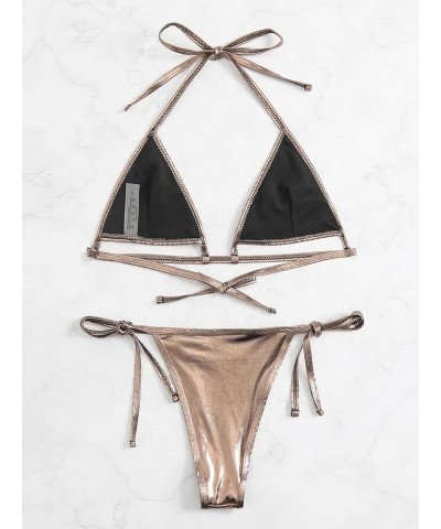 Women's Metallic Bikini Set Cut Out String Swimsuit Micro Triangle High Cut Thong Bathing Suit Champagne $8.69 Swimsuits