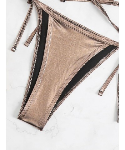 Women's Metallic Bikini Set Cut Out String Swimsuit Micro Triangle High Cut Thong Bathing Suit Champagne $8.69 Swimsuits