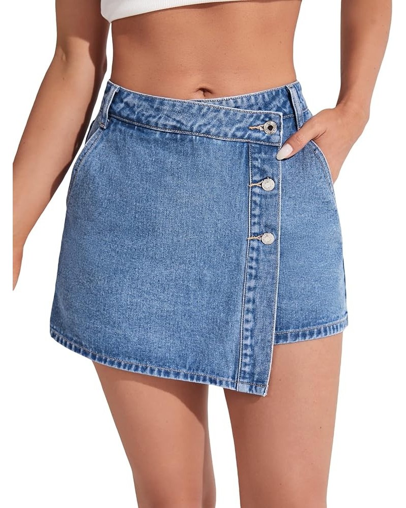 Women's Casual Wrap Button Front Asymmetrical Jean Denim Skort Skirt Shorts Medium Blue Solid $21.59 Skorts