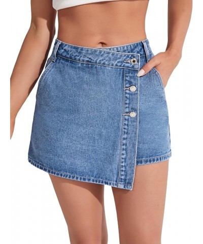 Women's Casual Wrap Button Front Asymmetrical Jean Denim Skort Skirt Shorts Medium Blue Solid $21.59 Skorts