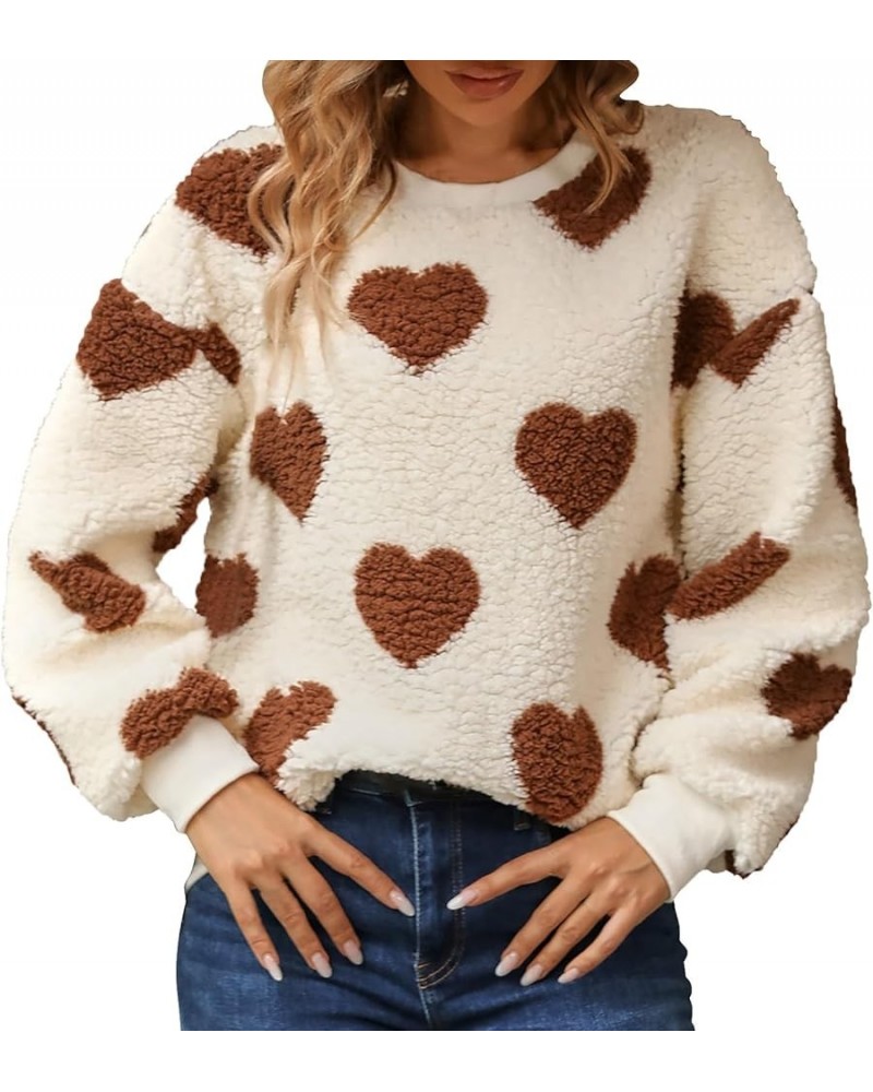 Cute Fuzzy Plush Long Sleeve Sweatshirt for Women Love Heart Print Fleece Faux Fur Crewneck Warm Sweater Pullover Top Coffee ...