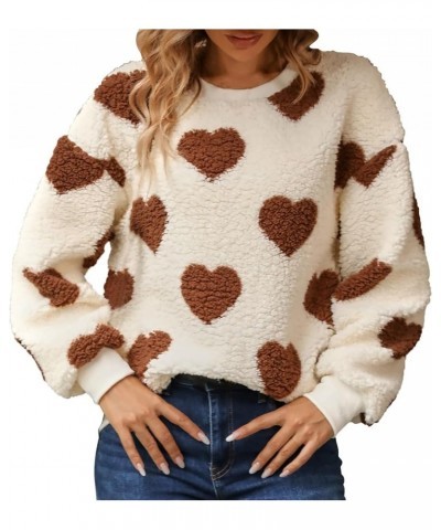 Cute Fuzzy Plush Long Sleeve Sweatshirt for Women Love Heart Print Fleece Faux Fur Crewneck Warm Sweater Pullover Top Coffee ...