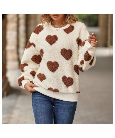 Cute Fuzzy Plush Long Sleeve Sweatshirt for Women Love Heart Print Fleece Faux Fur Crewneck Warm Sweater Pullover Top Coffee ...