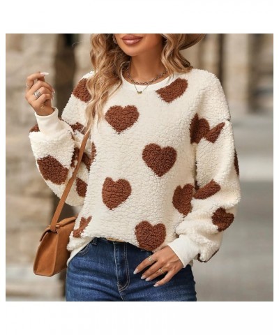 Cute Fuzzy Plush Long Sleeve Sweatshirt for Women Love Heart Print Fleece Faux Fur Crewneck Warm Sweater Pullover Top Coffee ...