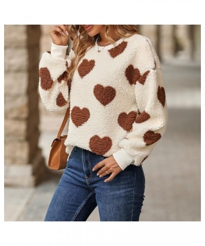 Cute Fuzzy Plush Long Sleeve Sweatshirt for Women Love Heart Print Fleece Faux Fur Crewneck Warm Sweater Pullover Top Coffee ...